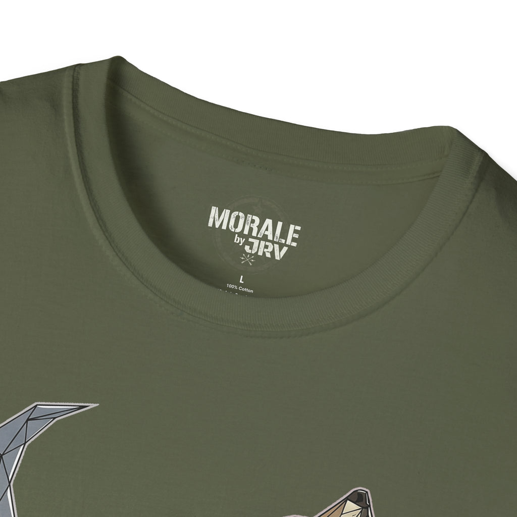 Olive green Lone Wolf howling T-shirt, logo at neckline, crew neck