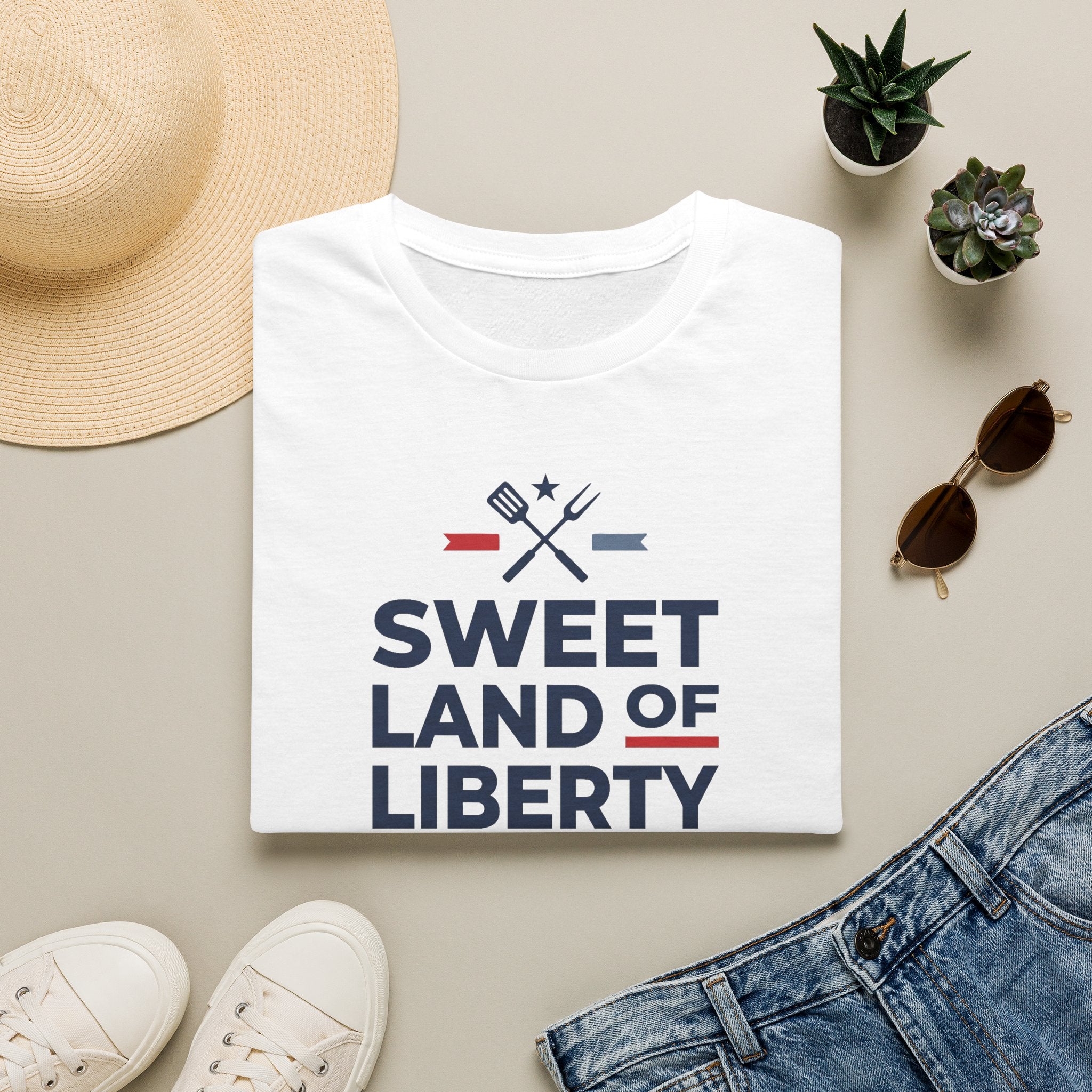White BBQ T-shirt with 'Sweet Land of Liberty' graphic and crossed grill tools