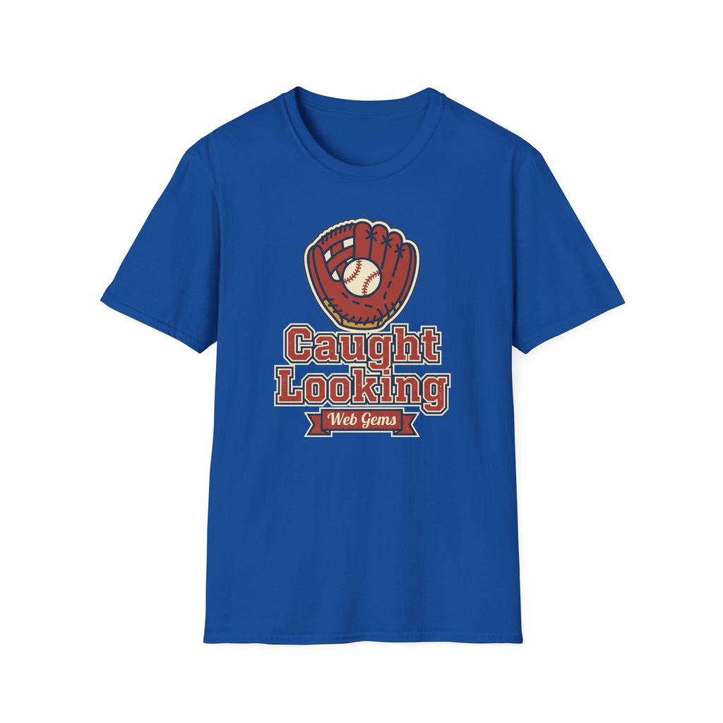 Royal blue baseball T-shirt with “Caught Looking” glove graphic