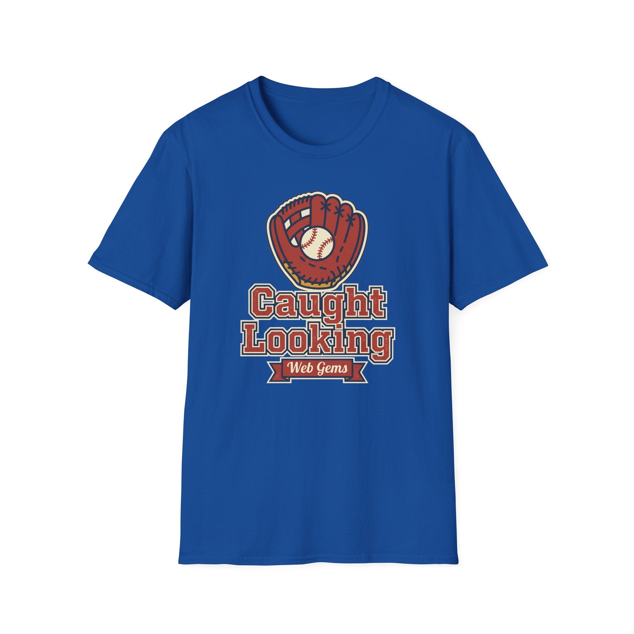 Royal blue baseball T-shirt with “Caught Looking” glove graphic