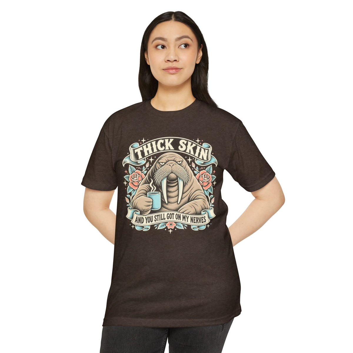 Walrus graphic t-shirt in dark brown with front cartoon and sarcastic text