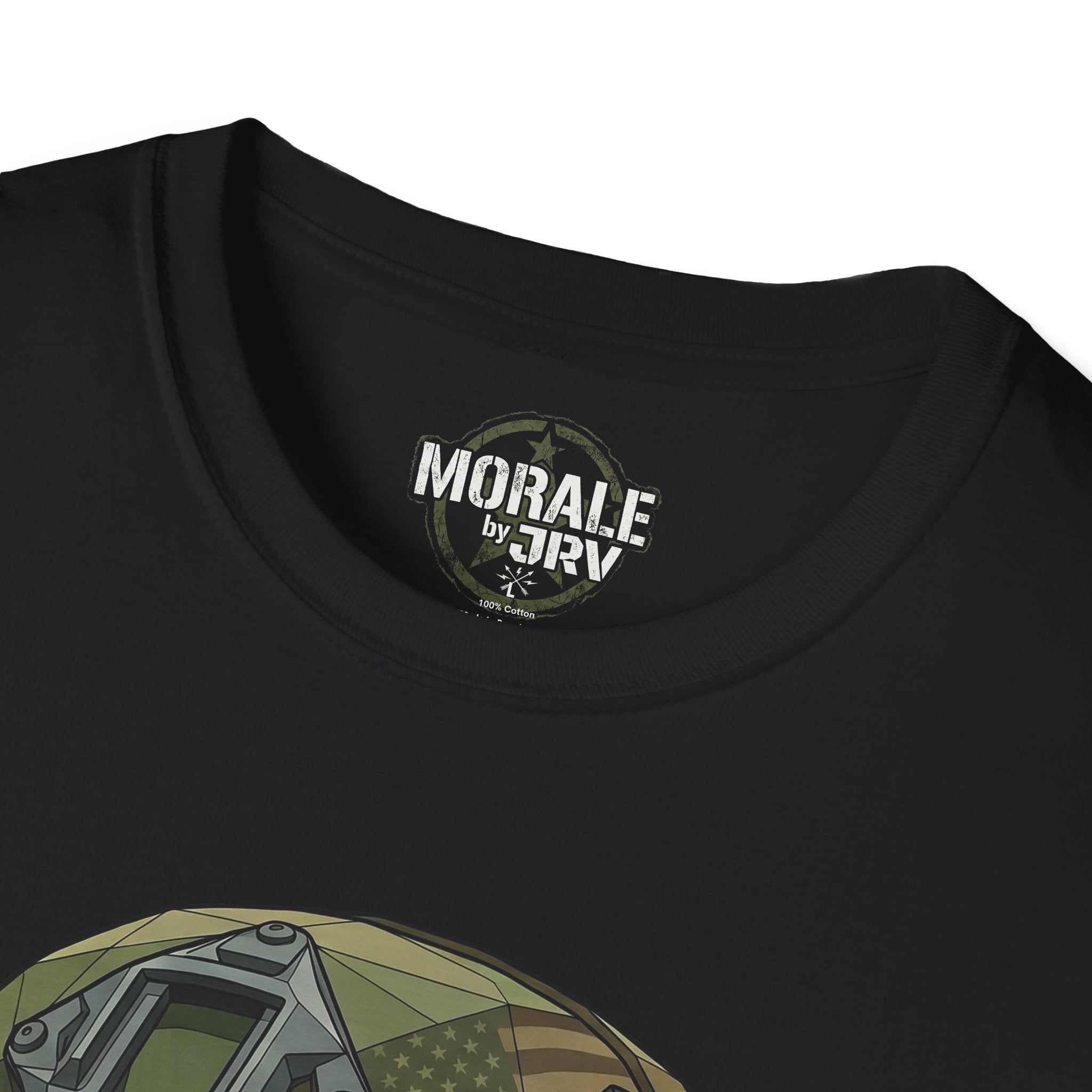 Black crewneck T-shirt with small Morale by TRV logo at neckline