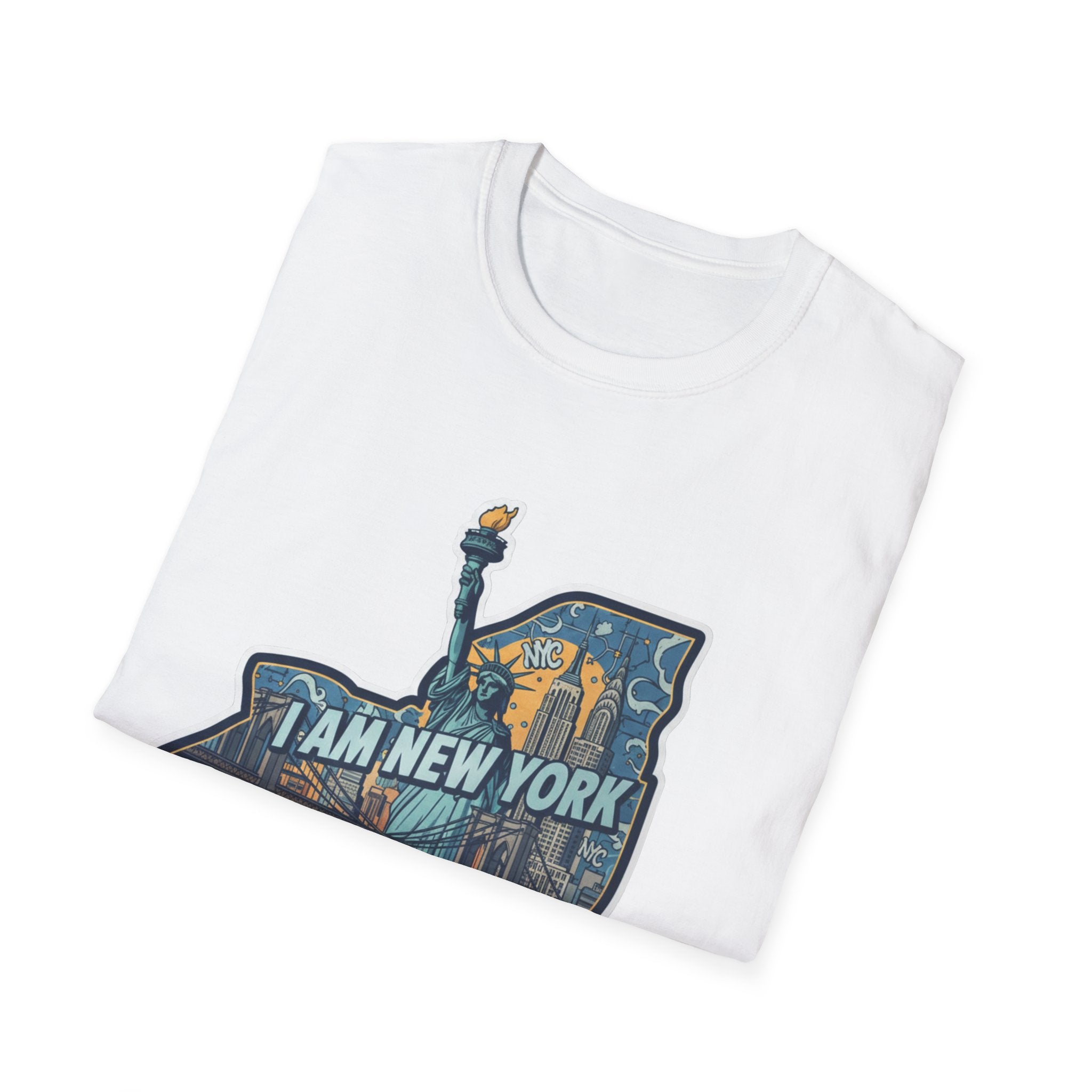White T-shirt with small flame torch graphic near left chest