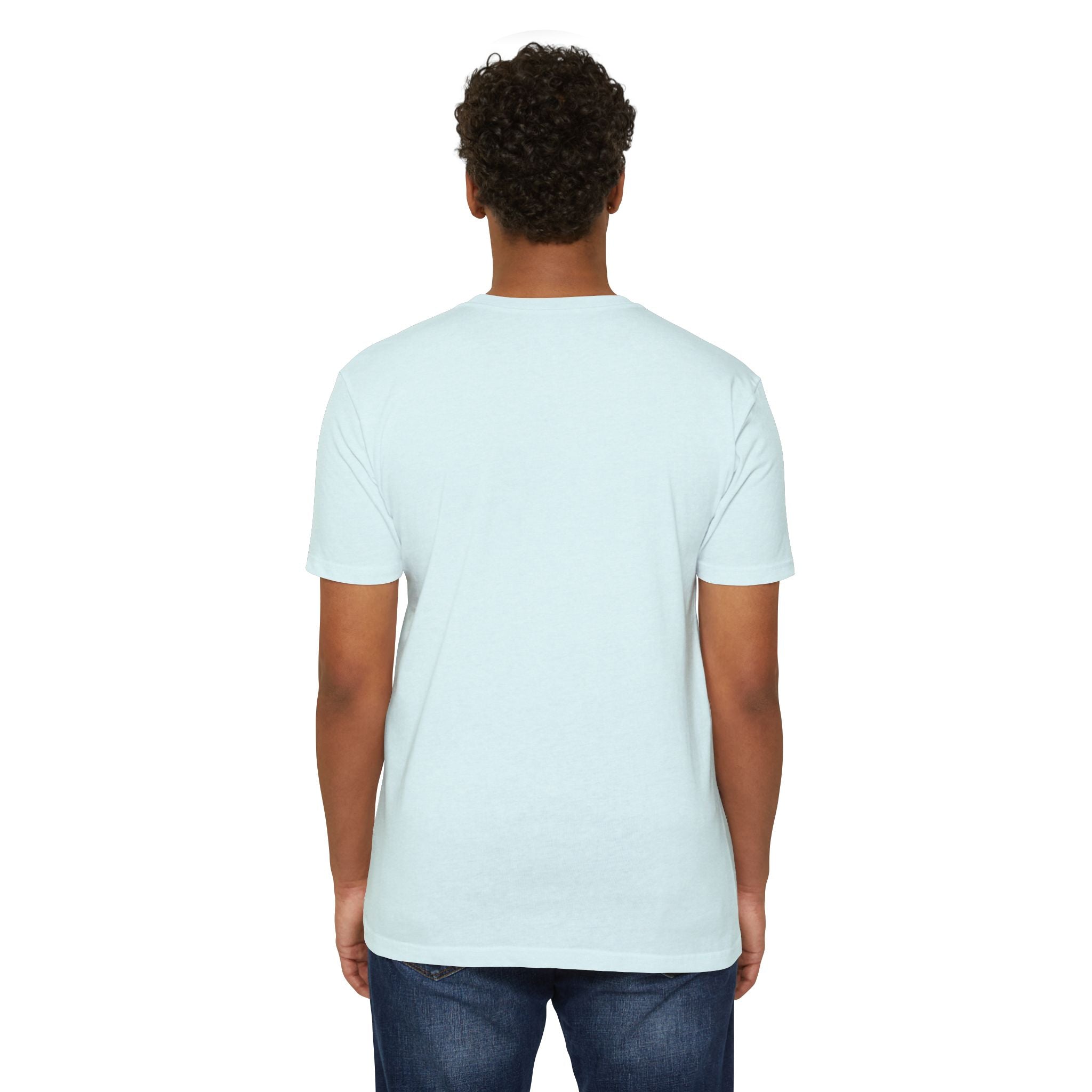 Ice blue T-shirt, crew neck, plain back view with short sleeves.