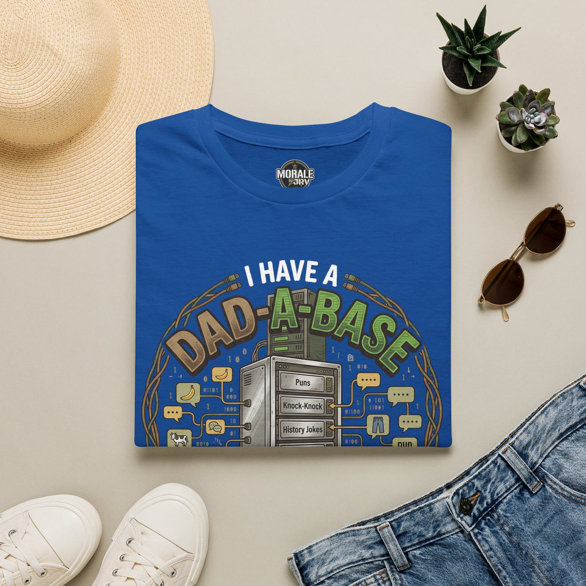 Royal blue crew-neck T-shirt with “Dad-a-Base” retro server graphic front