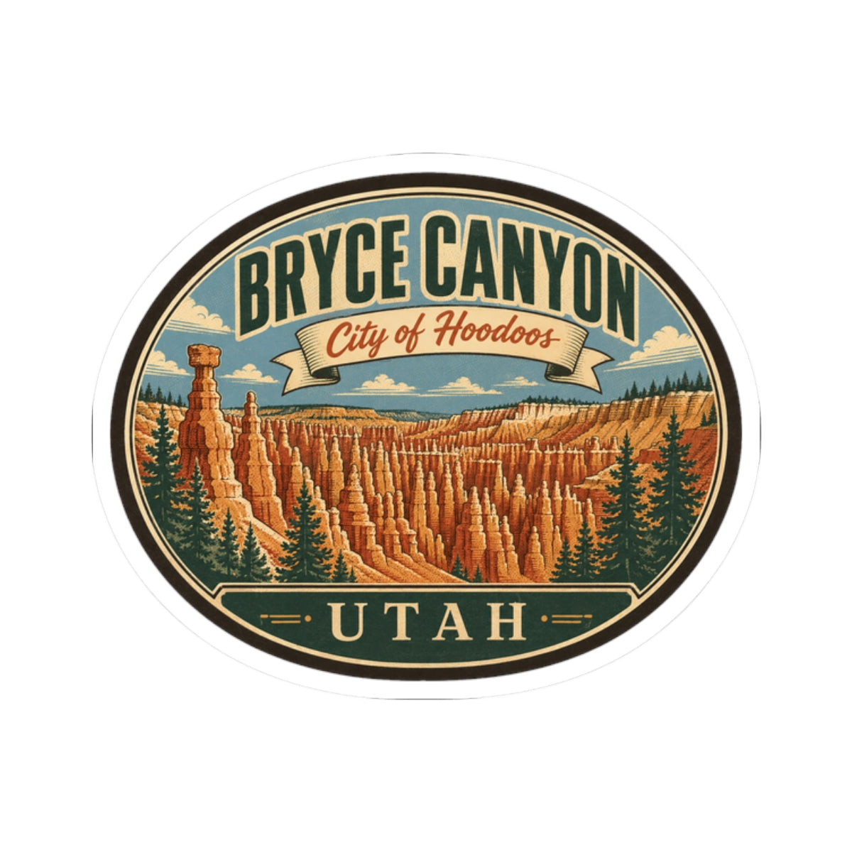 Round sticker with Bryce Canyon hoodoos, 'City of Hoodoos' ribbon, and 'UTAH' bottom text.