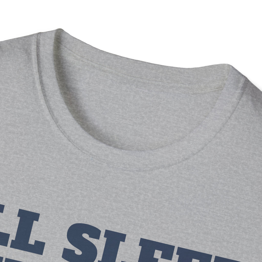Light gray crewneck T-shirt with partial blue graphic text on the chest, close-up