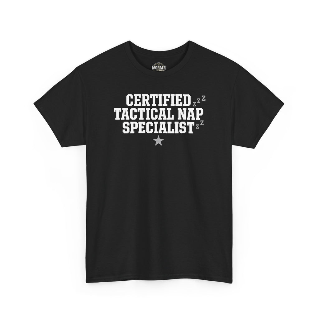 Black crew-neck T-shirt with “Certified Tactical Nap Specialist” text graphic and star