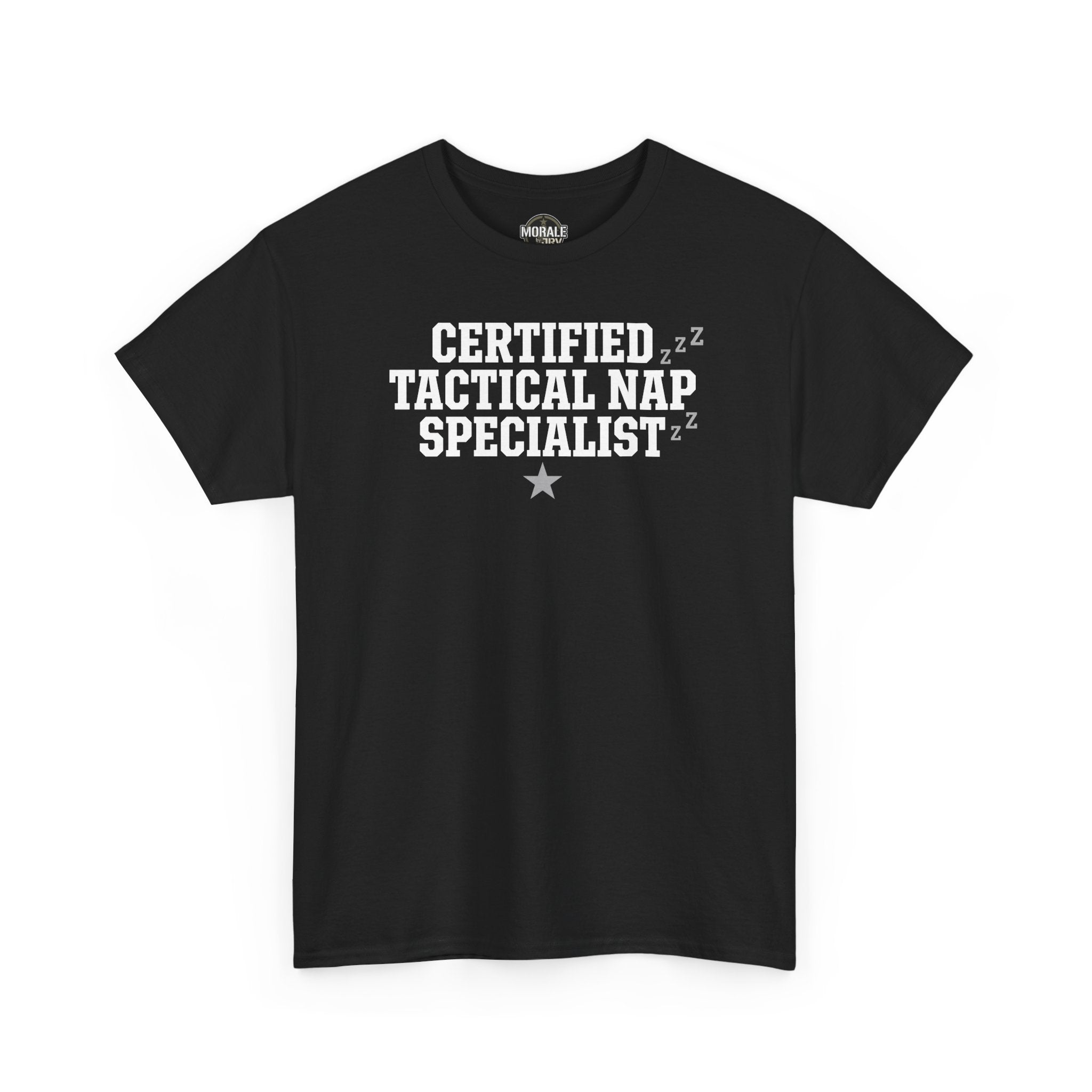 Black crew-neck T-shirt with “Certified Tactical Nap Specialist” text graphic and star