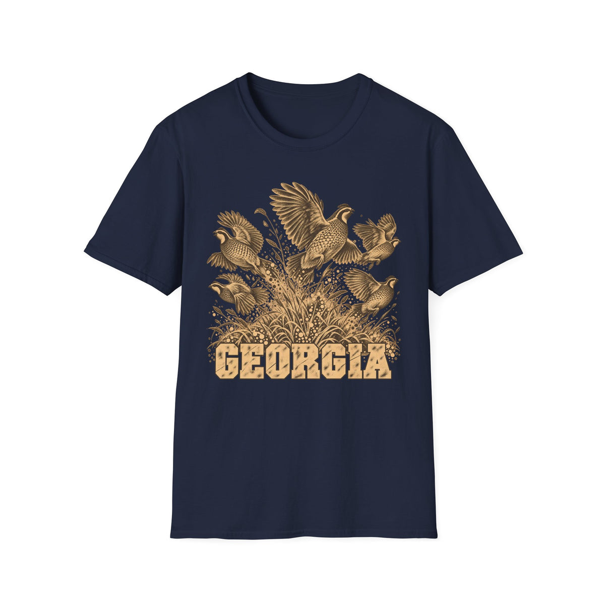 Navy crew-neck t-shirt with tall-grass bird graphic and GEORGIA text