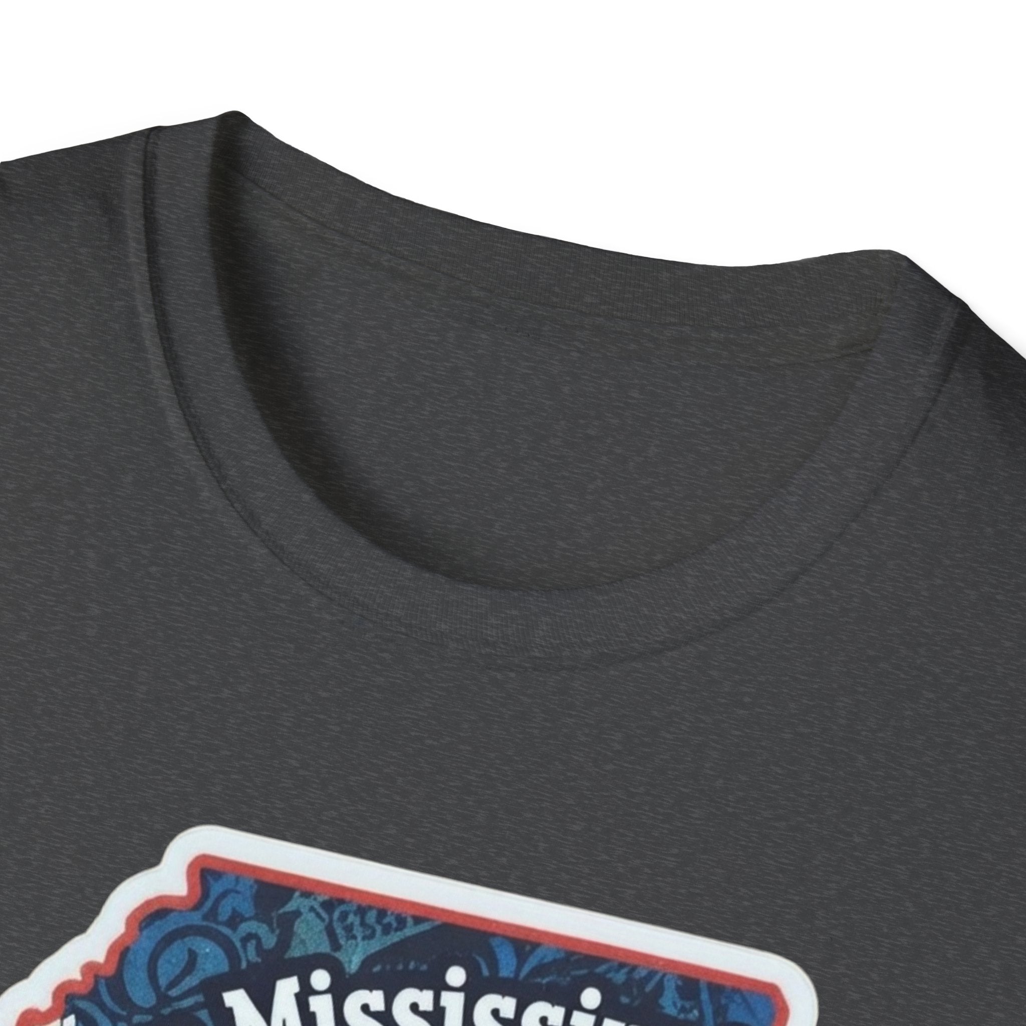 I am Mississippi T-shirt in heather grey, close-up of collar and unprinted back