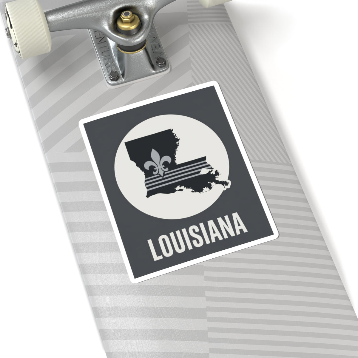Louisiana fleur-de-lis kiss-cut sticker, black square with white circle and state silhouette