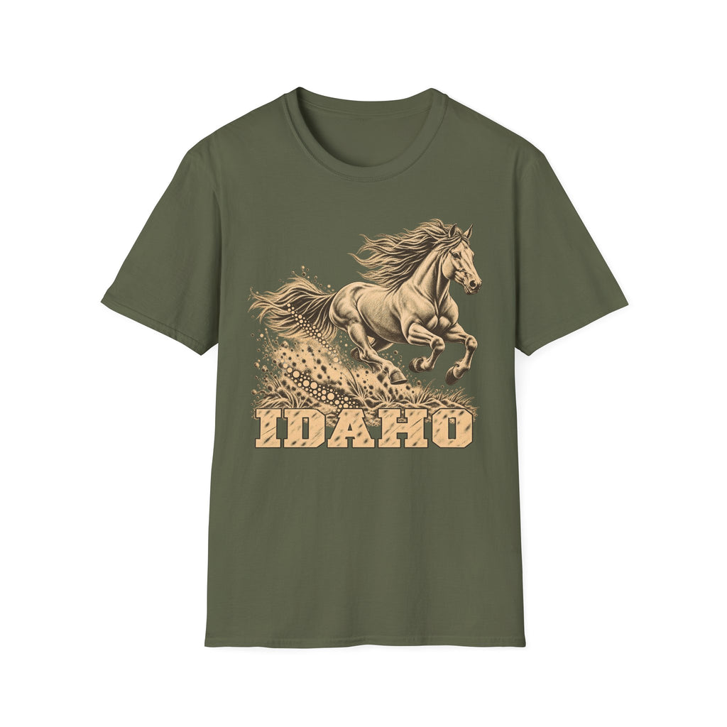 Military green T-shirt with golden running horse graphic and Idaho text