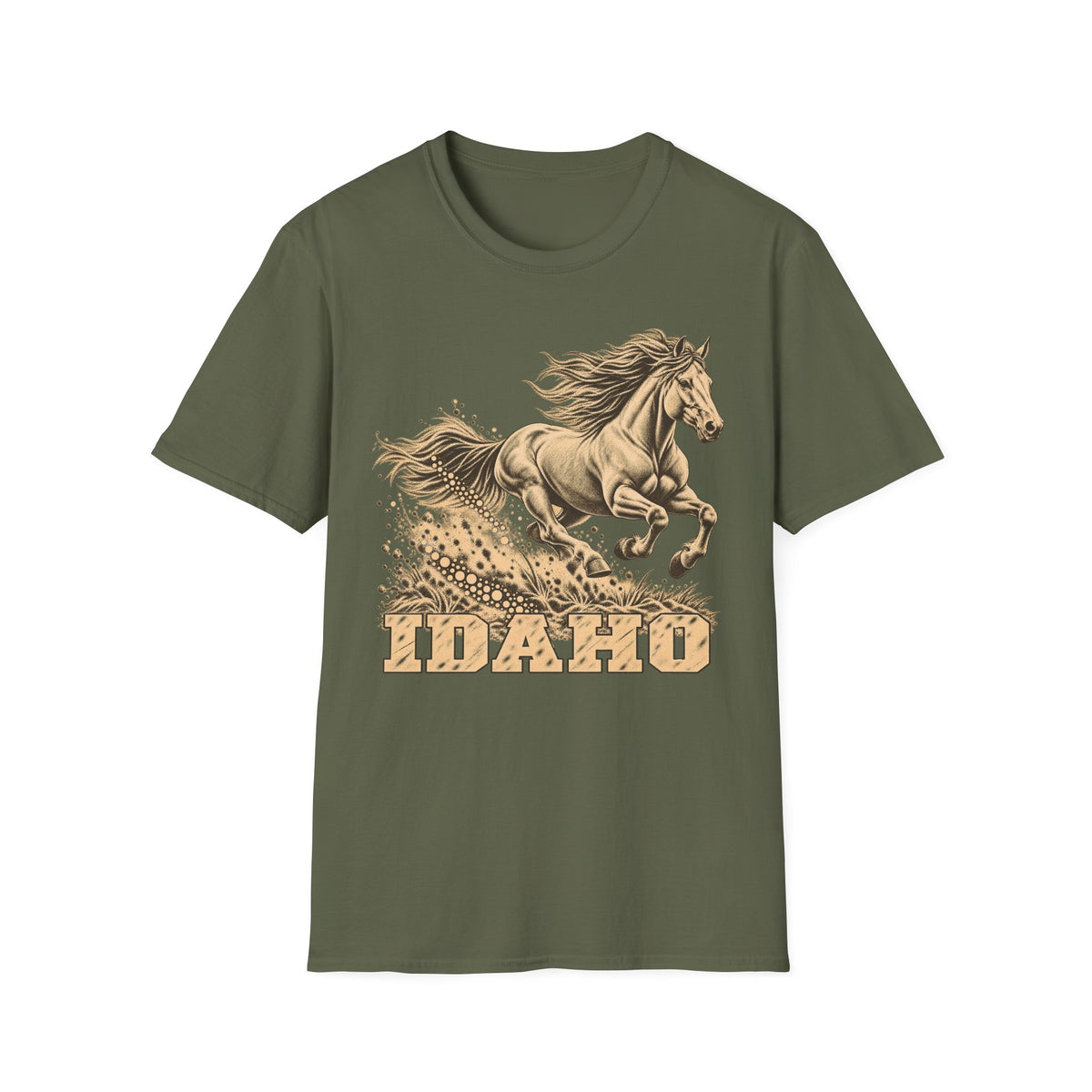 Military green T-shirt with golden running horse graphic and Idaho text