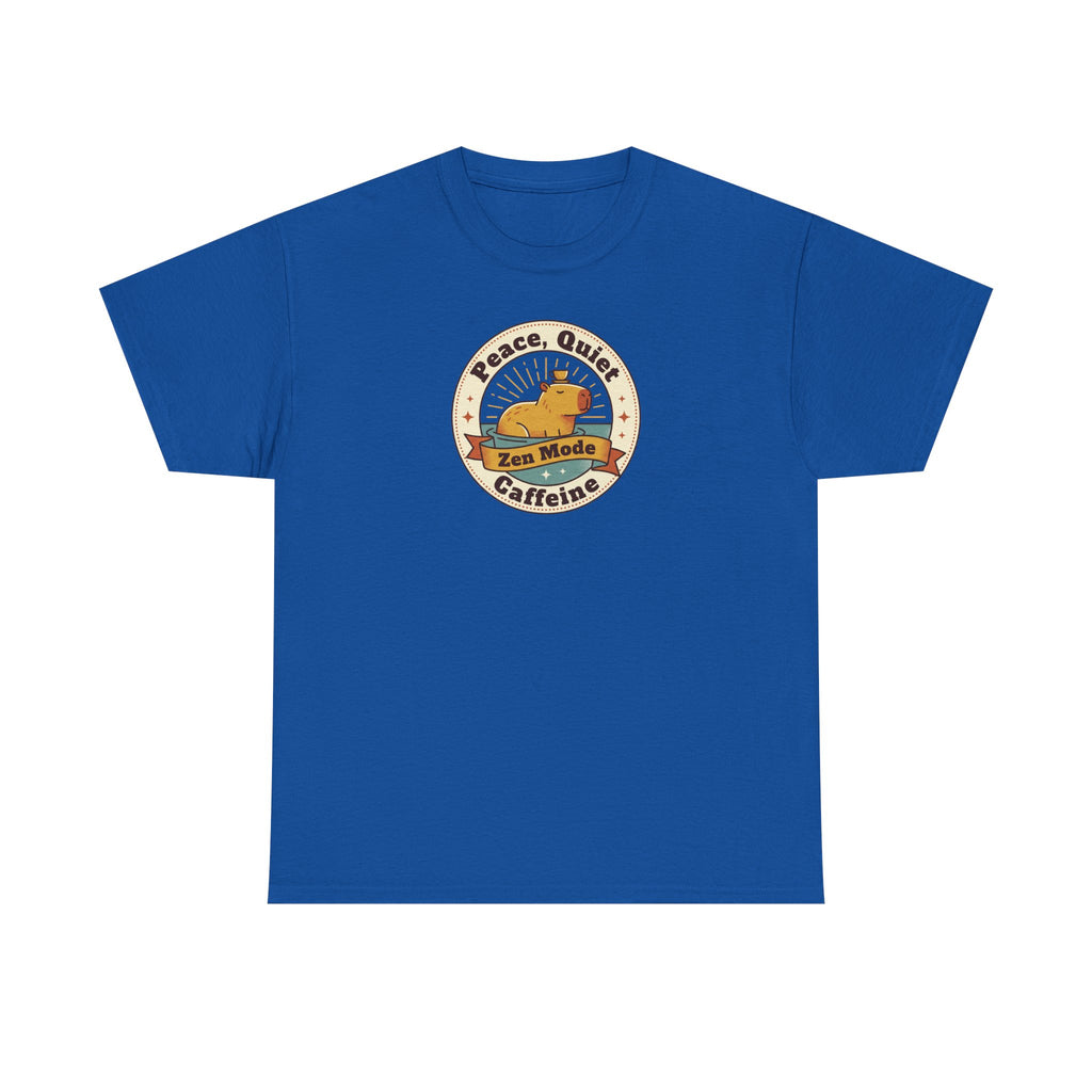 Royal blue crew neck T-shirt with Peace Quiet Caffeine Zen Mode circular emblem