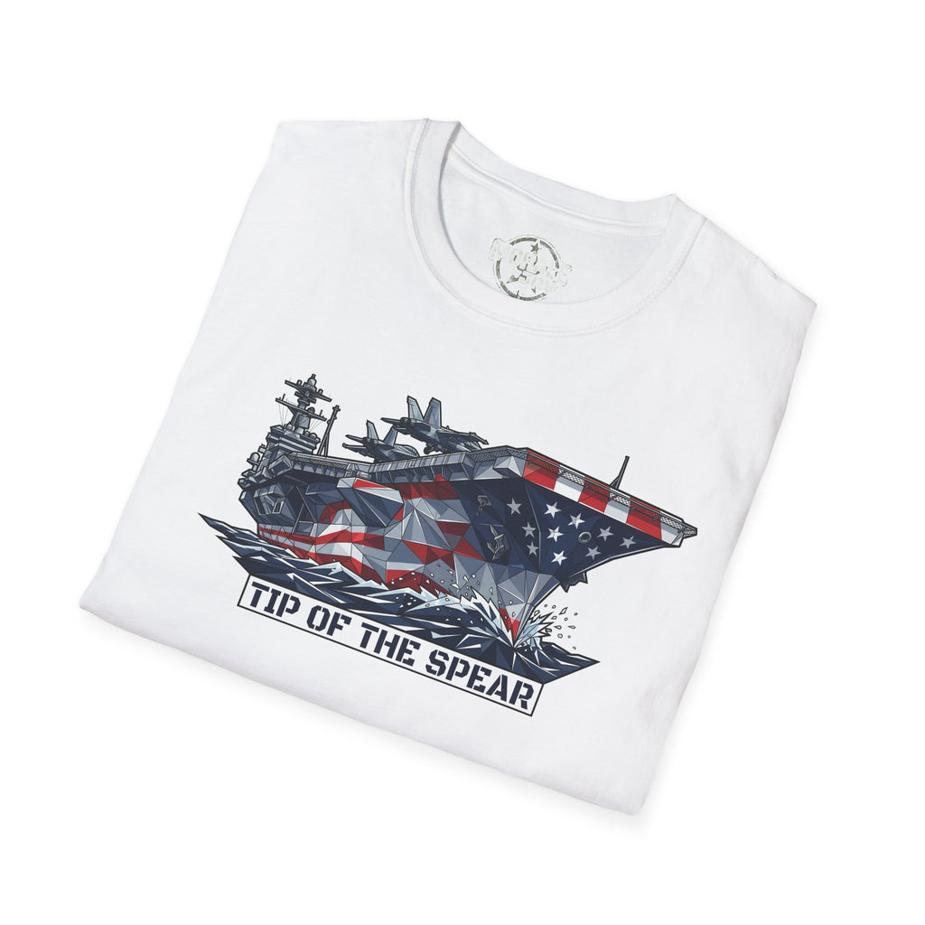White aircraft carrier T-shirt with American flag 'Tip of the Spear' graphic