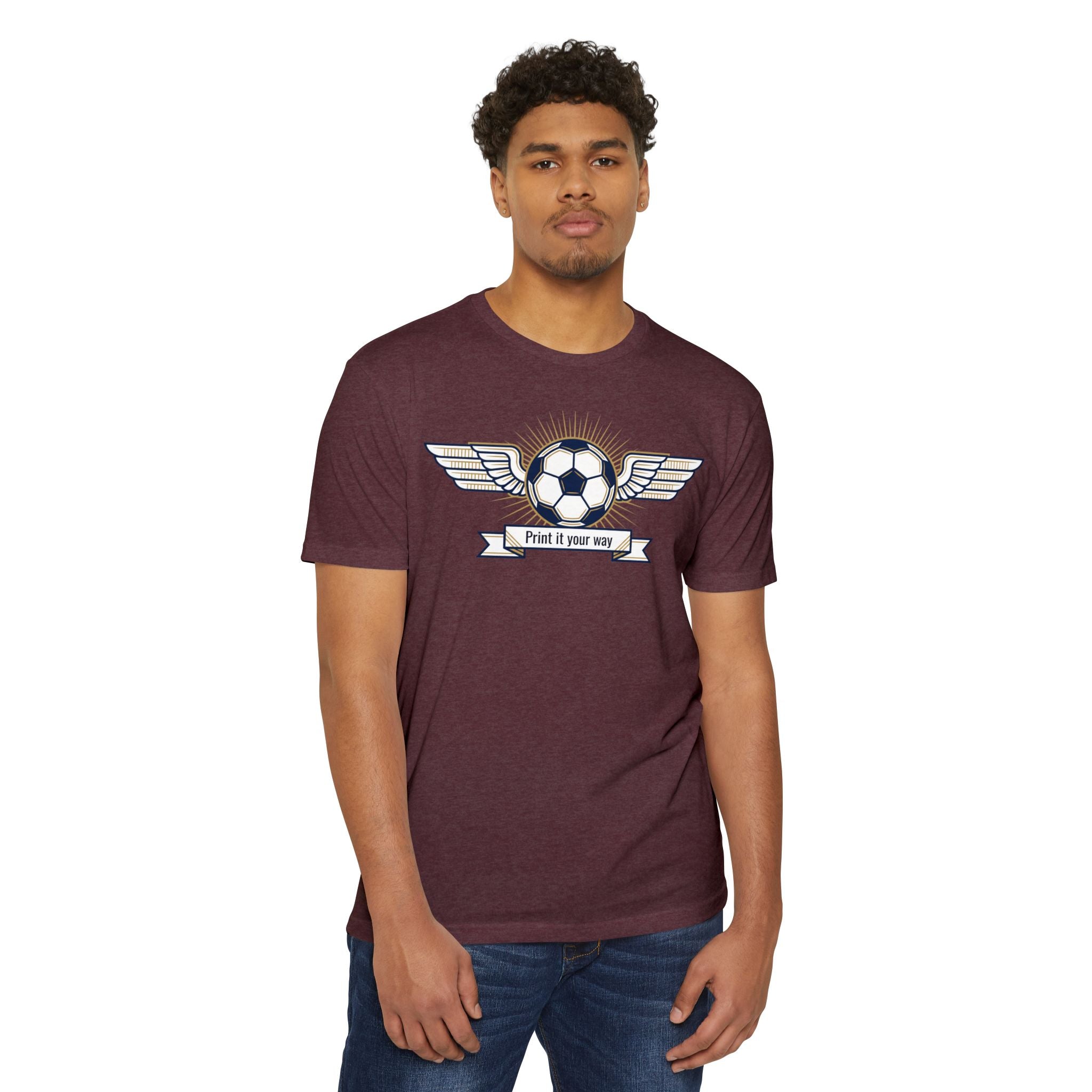 Men's maroon vintage soccer T-shirt with winged emblem graphic on chest