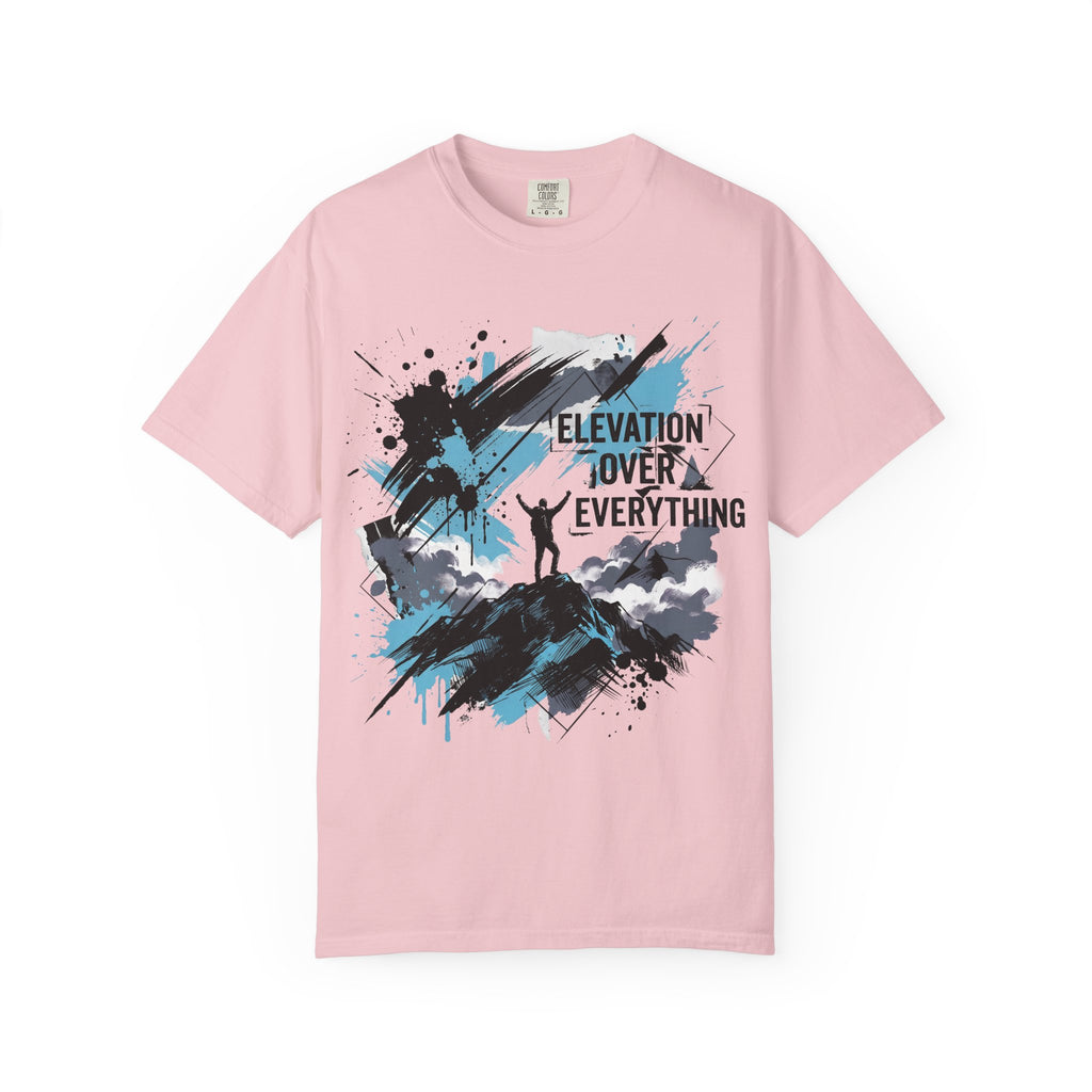 Soft pink crewneck graphic hiking T-shirt with mountain climber splatter print