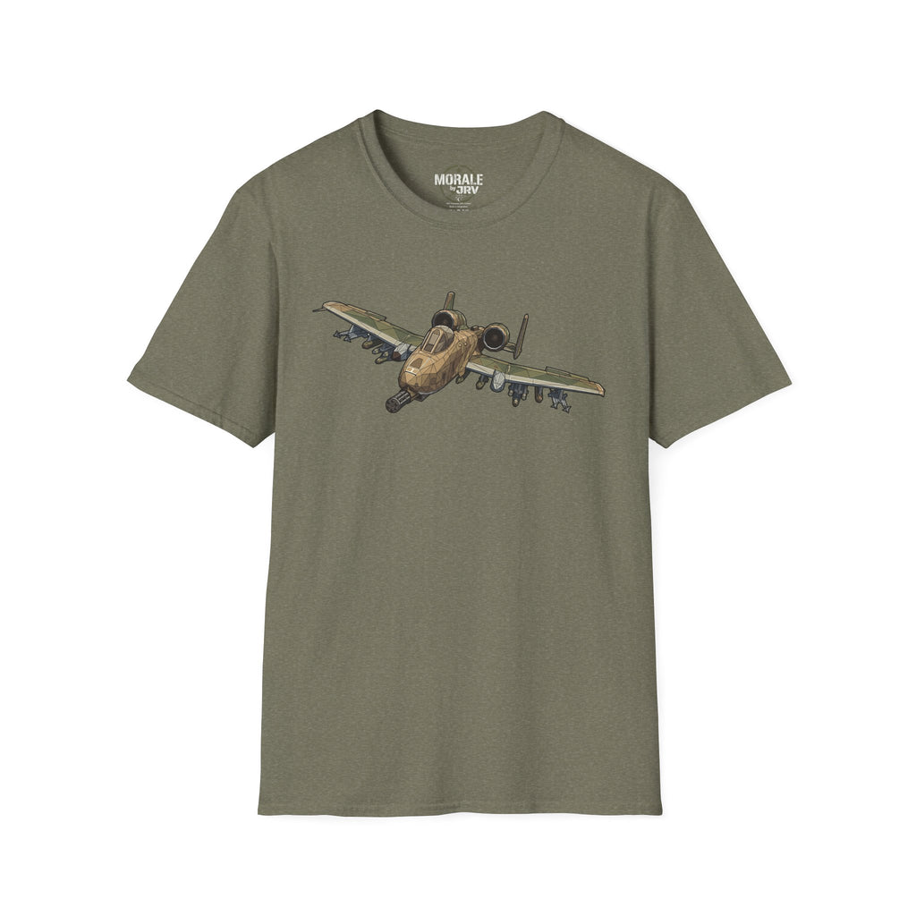 Heather Military Green T-shirt with A-10 Warthog aircraft graphic on the chest