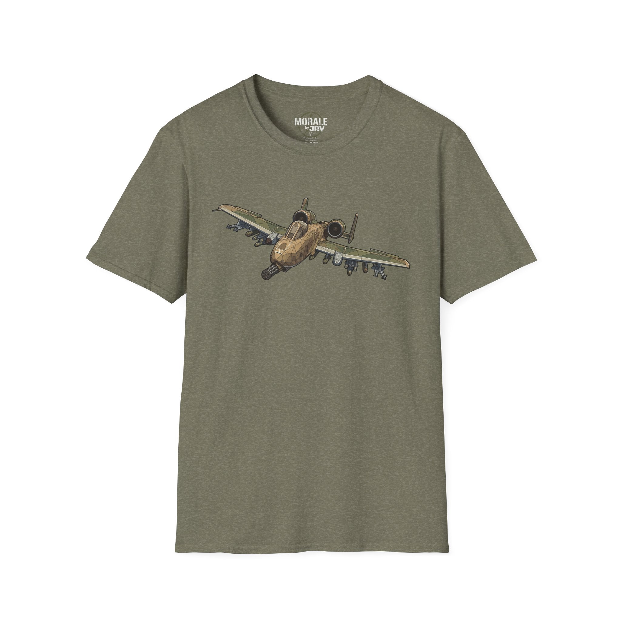 Heather Military Green T-shirt with A-10 Warthog aircraft graphic on the chest