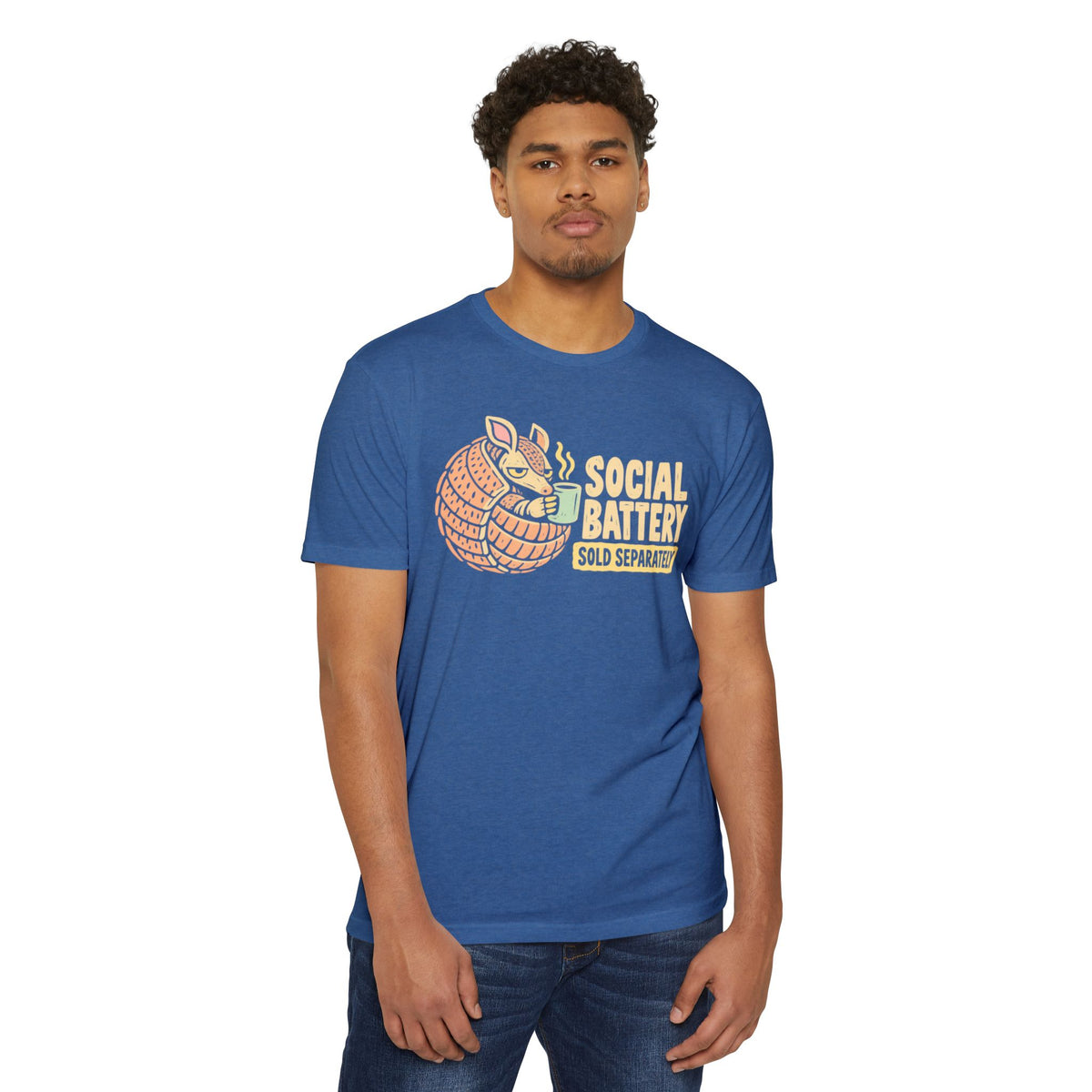 Light blue crewneck T-shirt with orange armadillo graphic on the chest