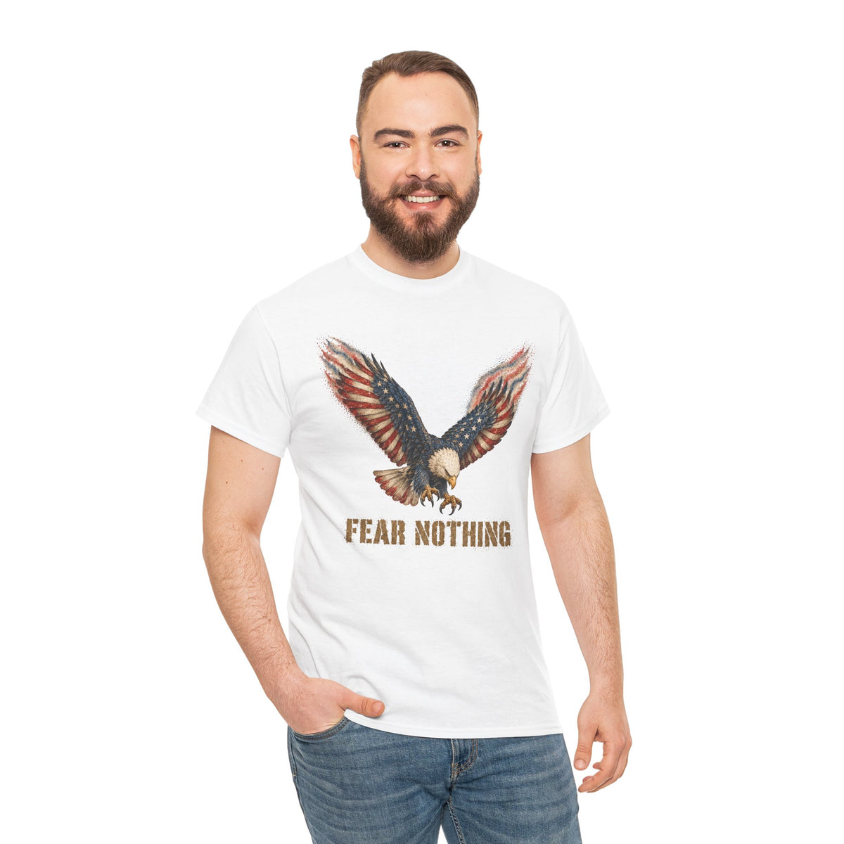 White crew-neck t-shirt with eagle graphic and “FEAR NOTHING” text
