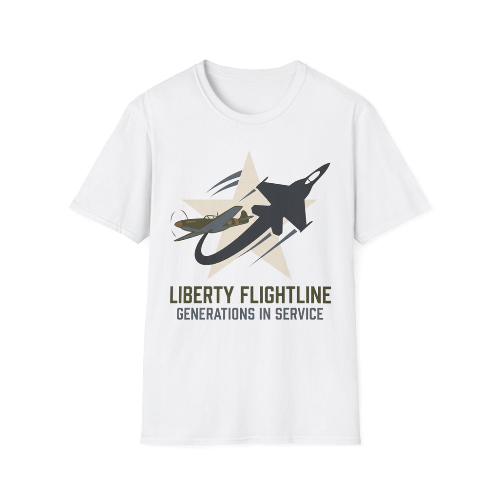 White crewneck t-shirt with jet graphic and “Liberty Flightline Generations in Service” print