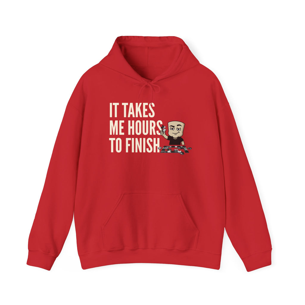 Red hoodie with front pocket and hood; chess-themed graphic text and character on chest.