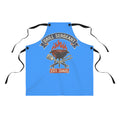 Blue grilling apron with black straps and retro flame badge graphic