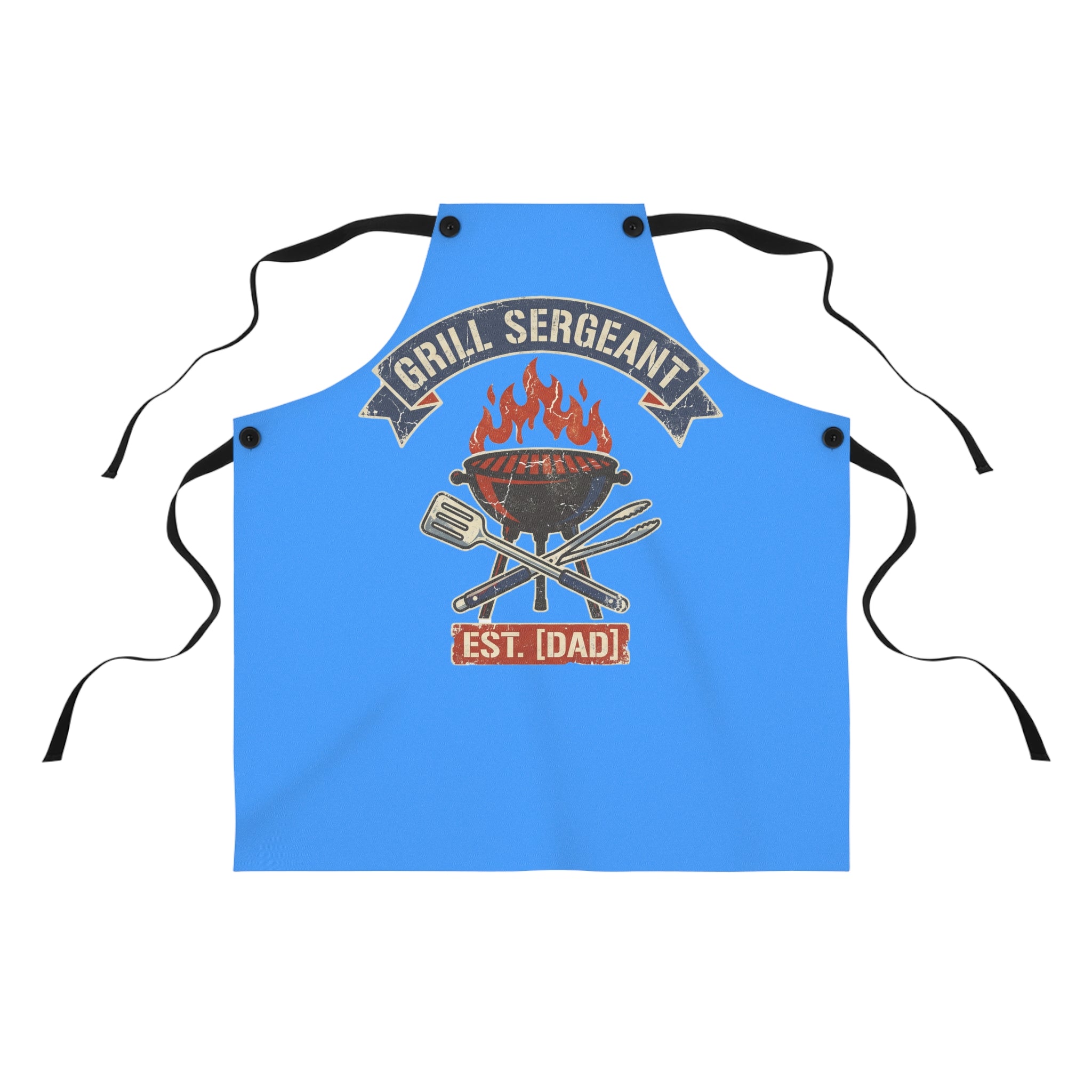 Blue grilling apron with black straps and retro flame badge graphic