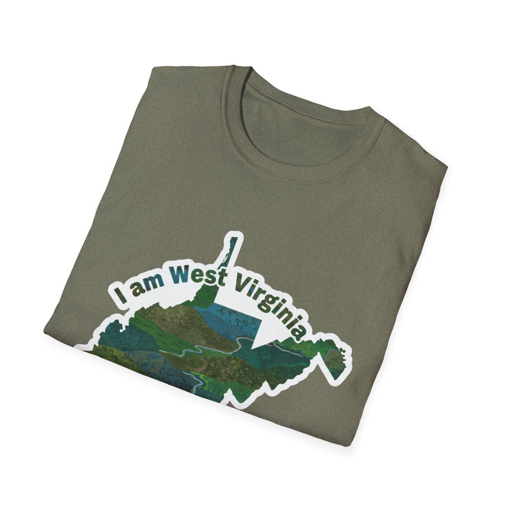 Heather Irish Green West Virginia map T-shirt with 'I am West Virginia' landscape graphic