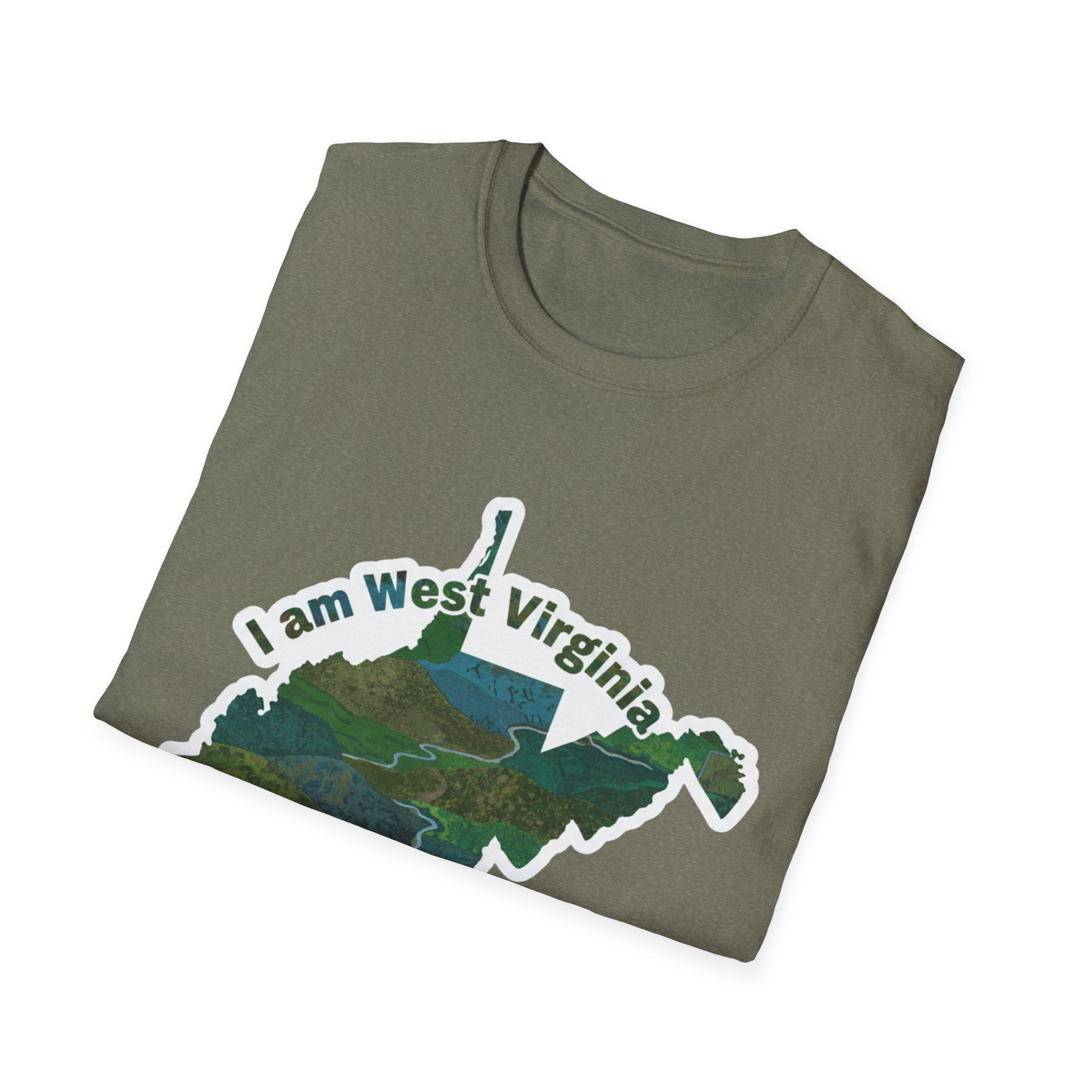 Heather Irish Green West Virginia map T-shirt with 'I am West Virginia' landscape graphic