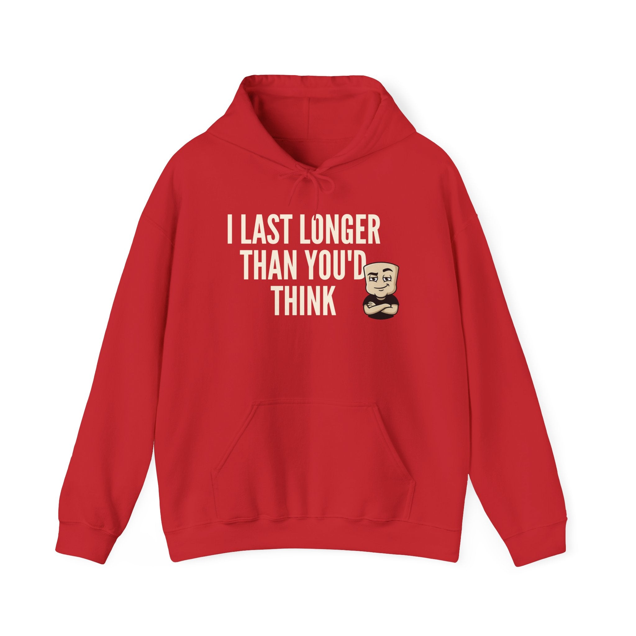 Red hoodie with front pouch pocket and bearded cartoon “I Last Longer Than You’d Think” graphic