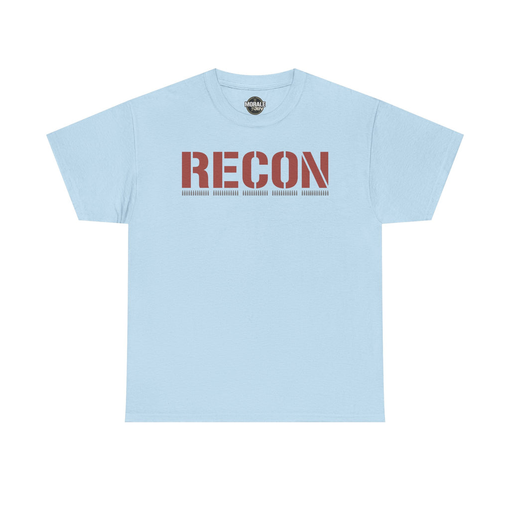 Light blue unisex graphic T-shirt with large 'RECON' stencil logo on chest