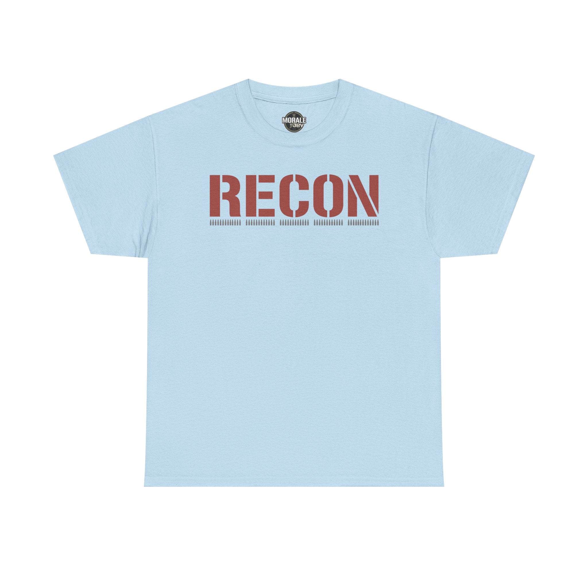 Light blue unisex graphic T-shirt with large 'RECON' stencil logo on chest
