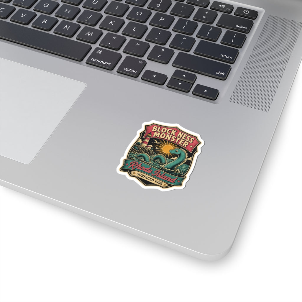Kiss-cut vinyl sticker with Block Ness Monster crest design, white border
