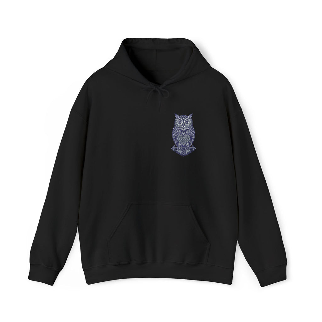 Black unisex hoodie with blue owl chest print and front pouch pocket