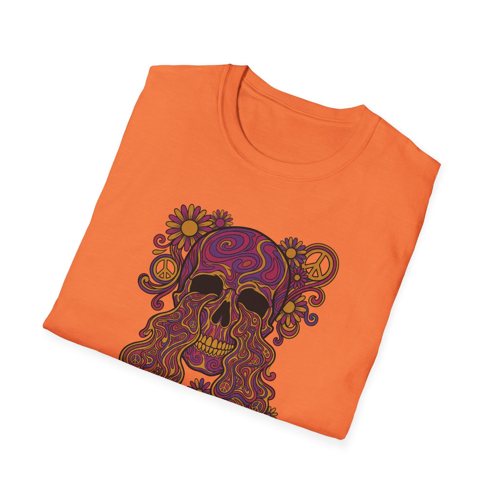 Oranges T‑Shirt mit psychedelischem Blumenschädel-Print und Peace-Symbolen