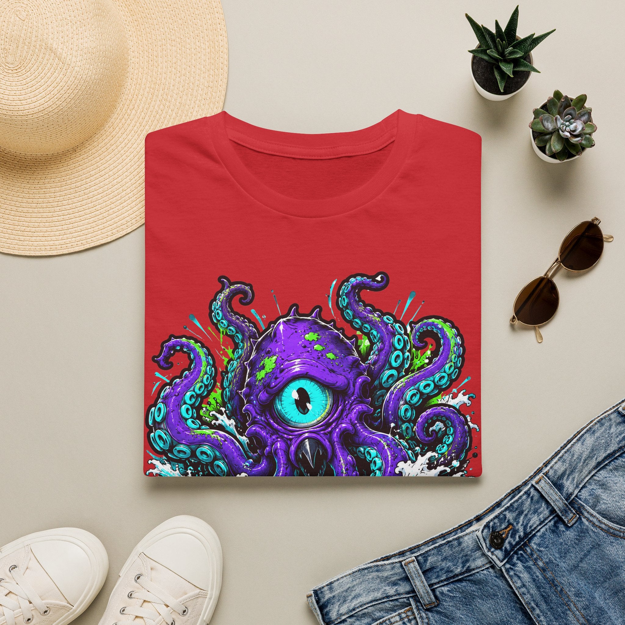 Red crew-neck T-shirt with colorful purple cyclops octopus graphic