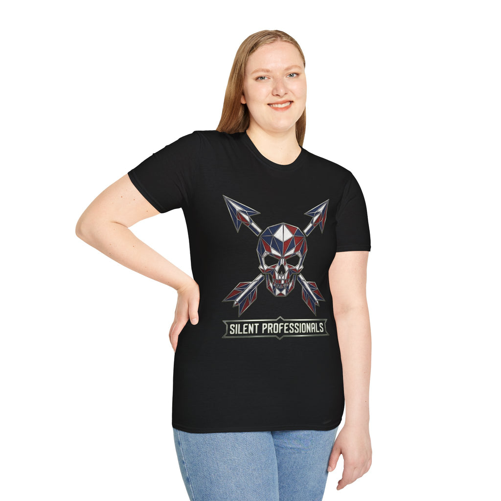 Model wearing black T-shirt with geometric skull and crossed arrows, Silent Professionals