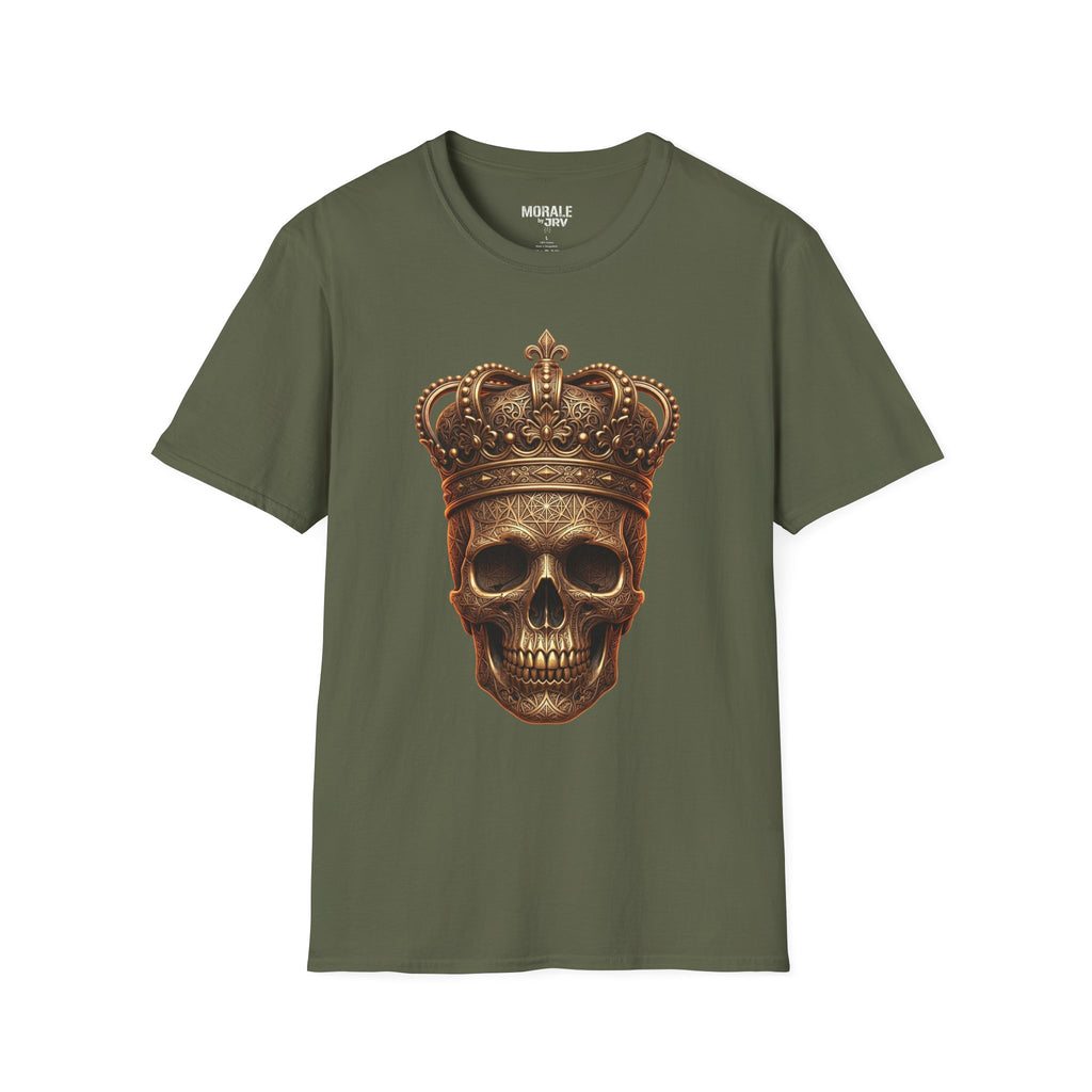 Military green gothic skull T-shirt with gold crown graphic