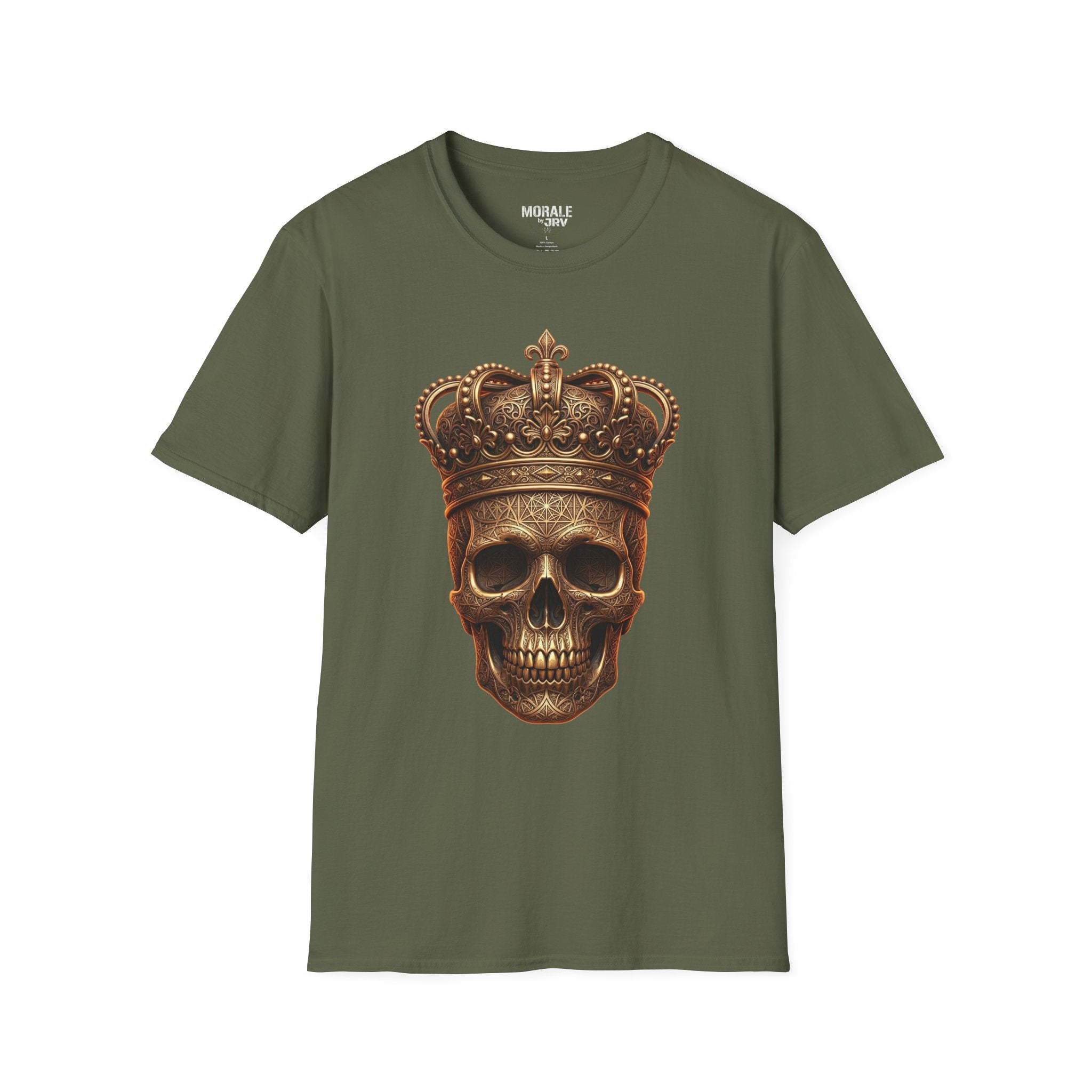Military green gothic skull T-shirt with gold crown graphic