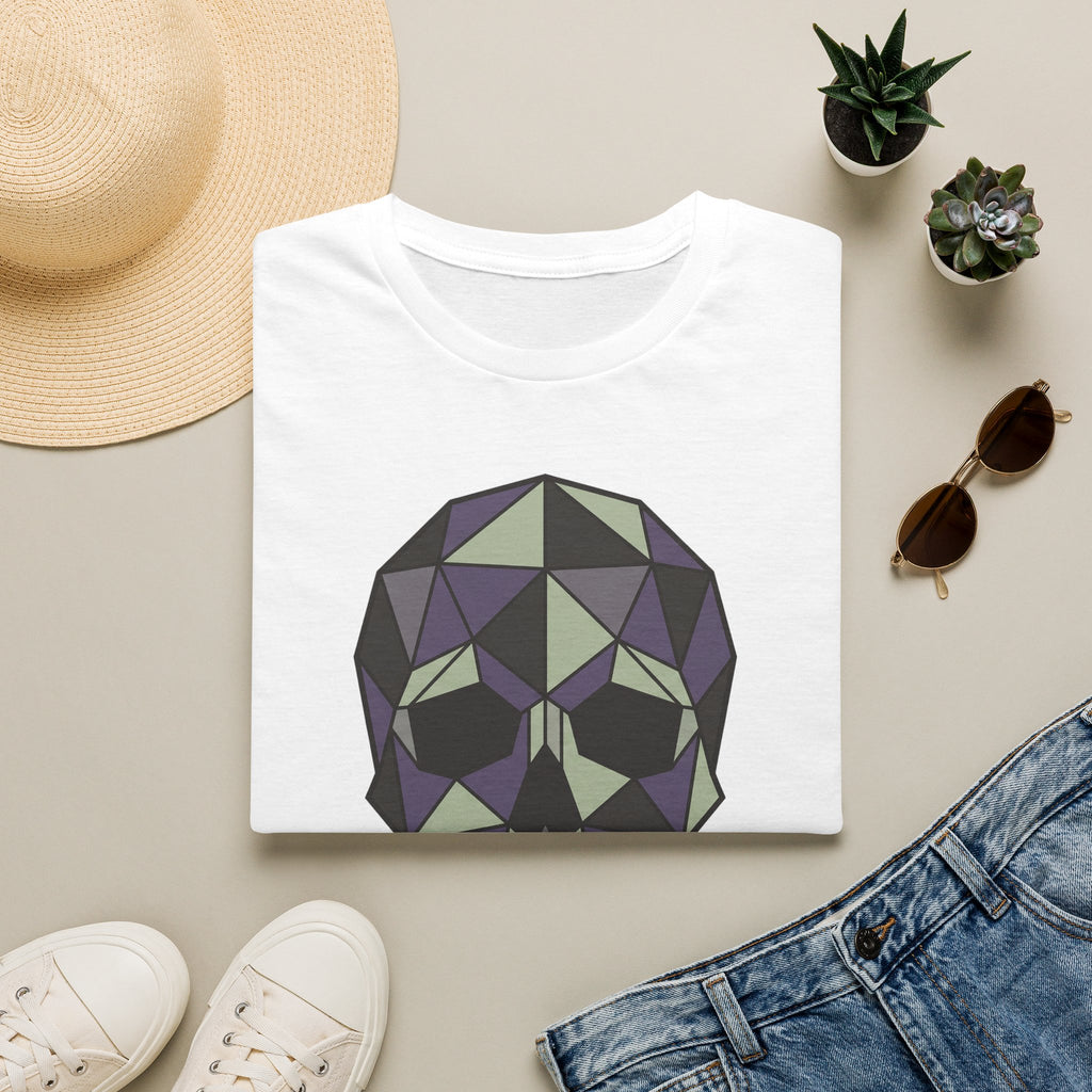 White skull graphic T-shirt with low-poly geometric face design