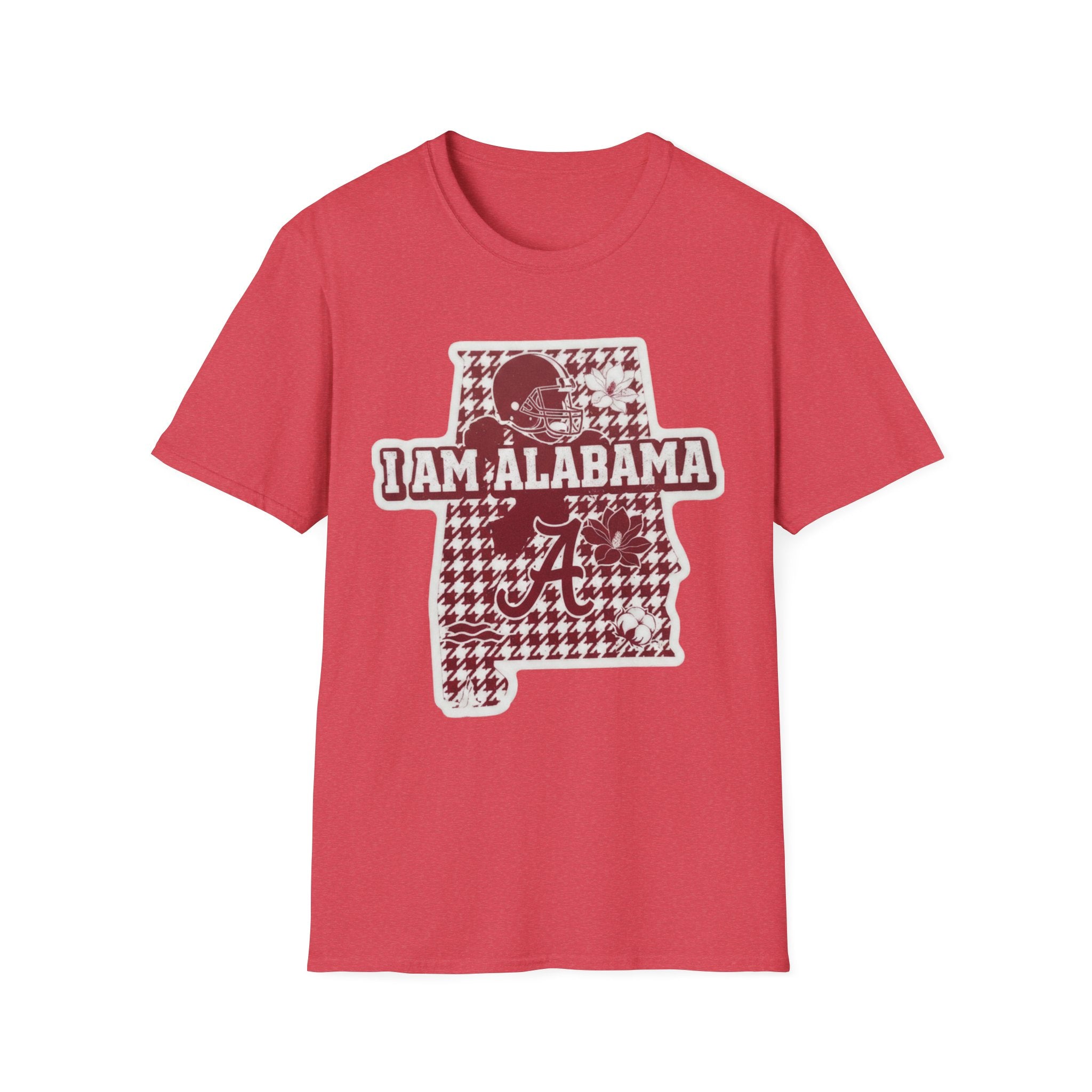 I Am Alabama houndstooth graphic T-shirt, Cardinal Red, maroon state emblem and text