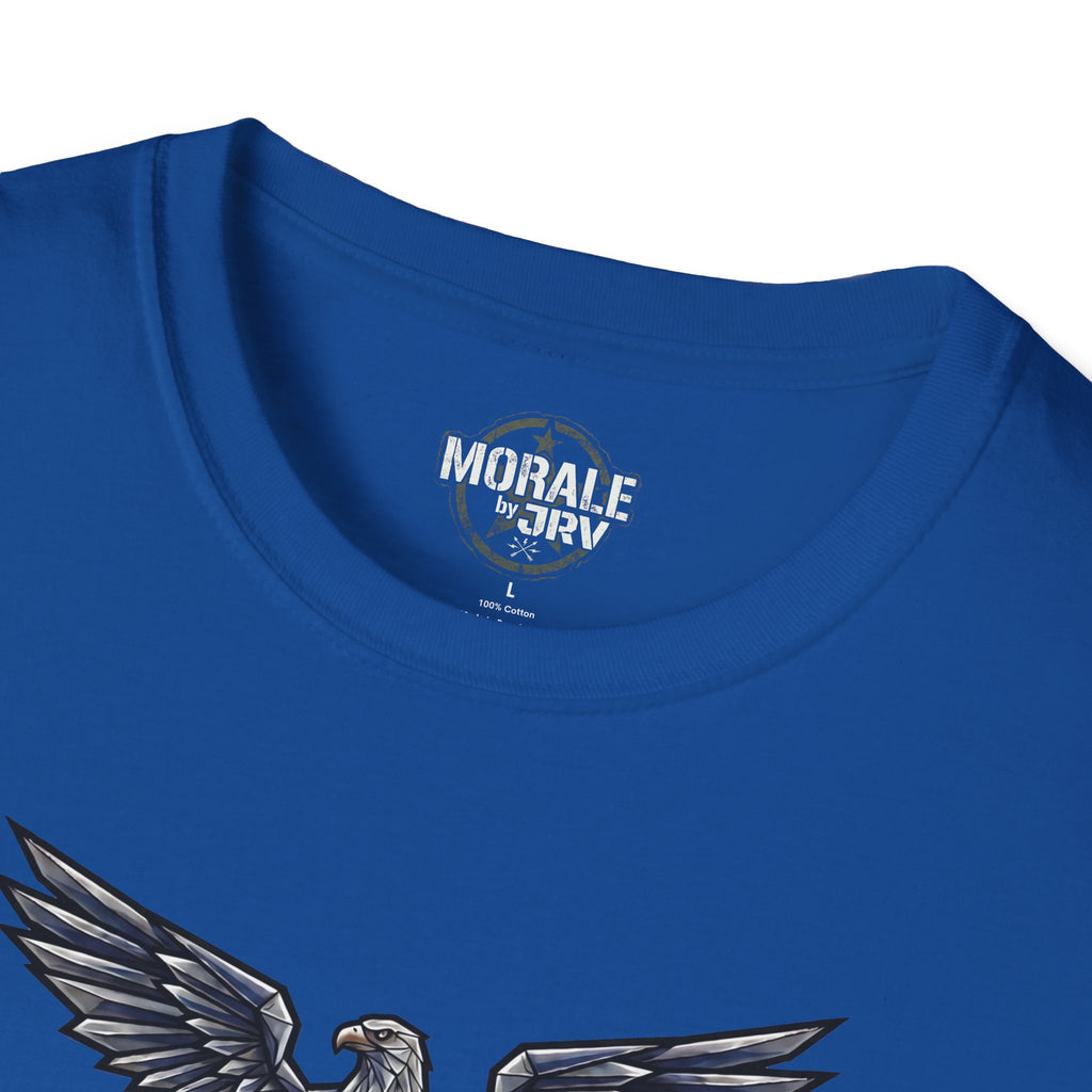 Royal blue T-shirt neckline with “MORALE by TRI” label