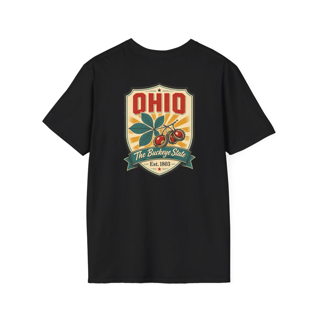 Black Ohio souvenir T-shirt with large Ohio crest graphic on the chest