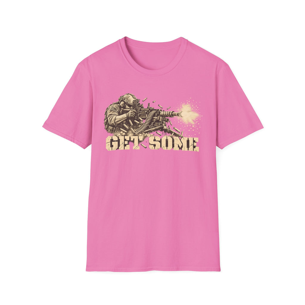 Bright pink crewneck graphic T-shirt with vintage soldier and gun print