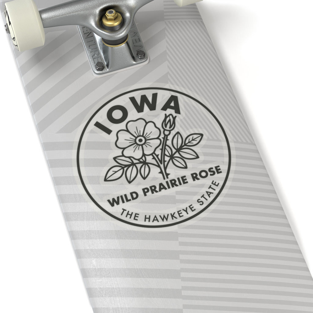 Circular Iowa wild prairie rose state flower sticker with botanical line art