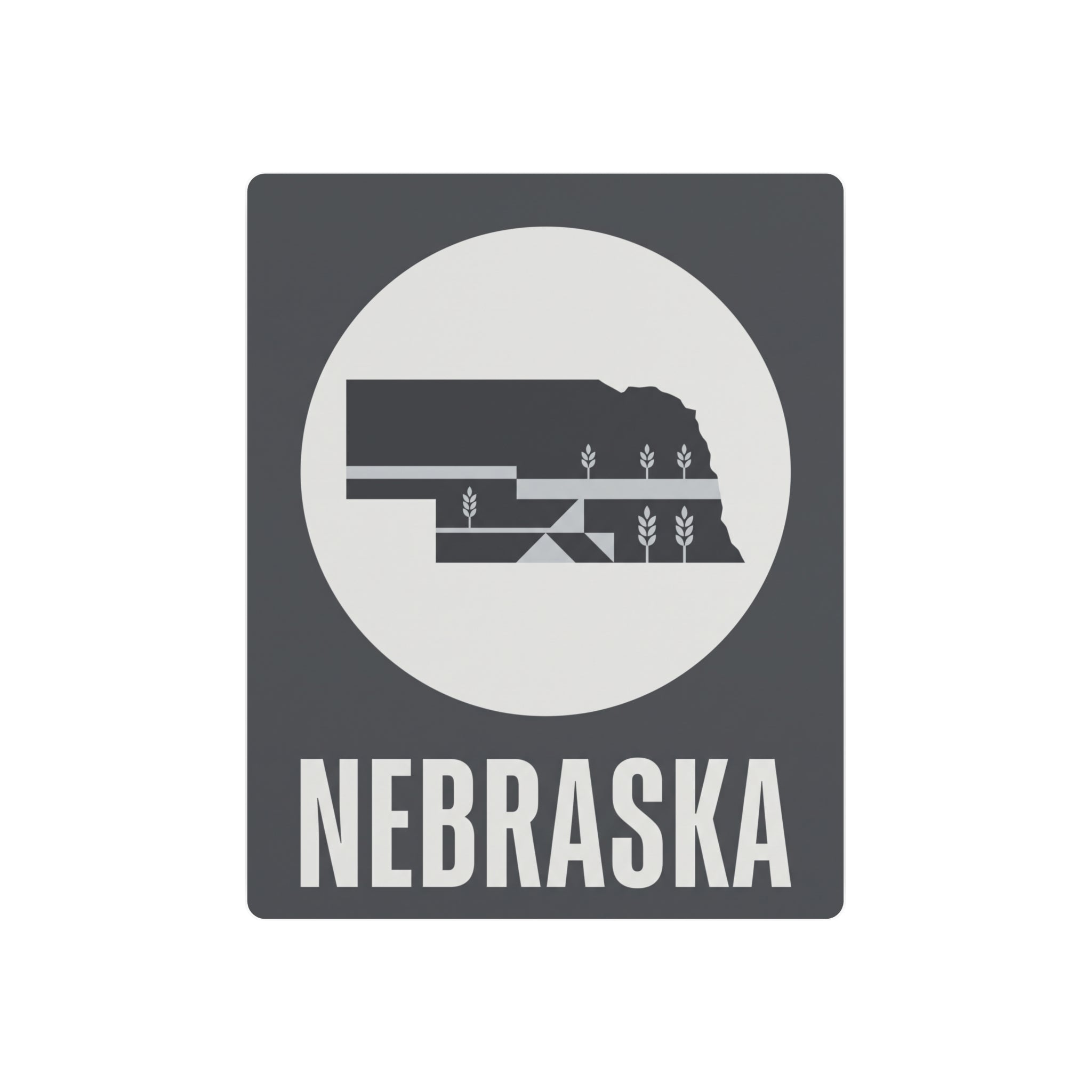 Nebraska metal art sign with dark square frame, circular wheat graphic, and NEBRASKA text