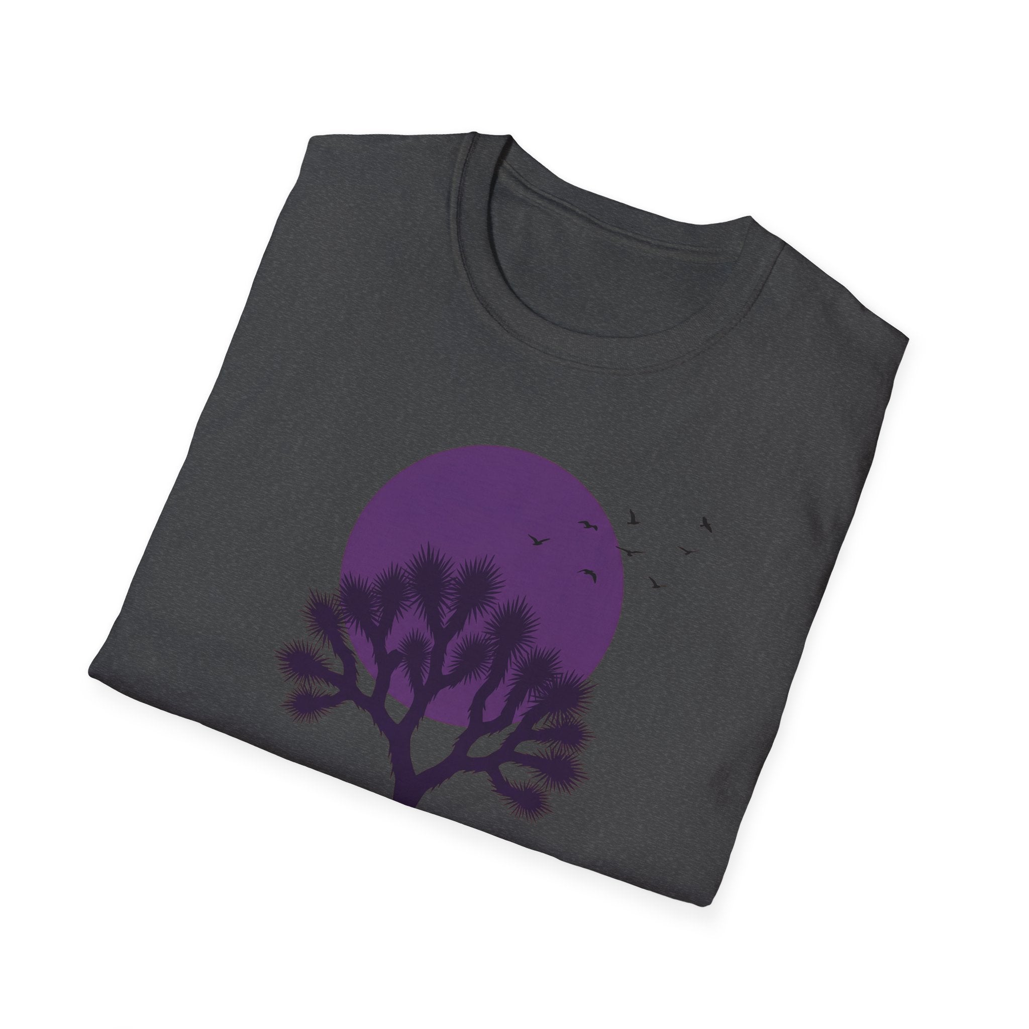 Dark heather T-shirt with purple moon, Joshua tree silhouette, and flying birds graphic